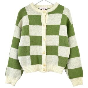 Lisa Says Gah Lauda Cardi Ivory White Leaf Green Check Plaid Cardigan Sweater